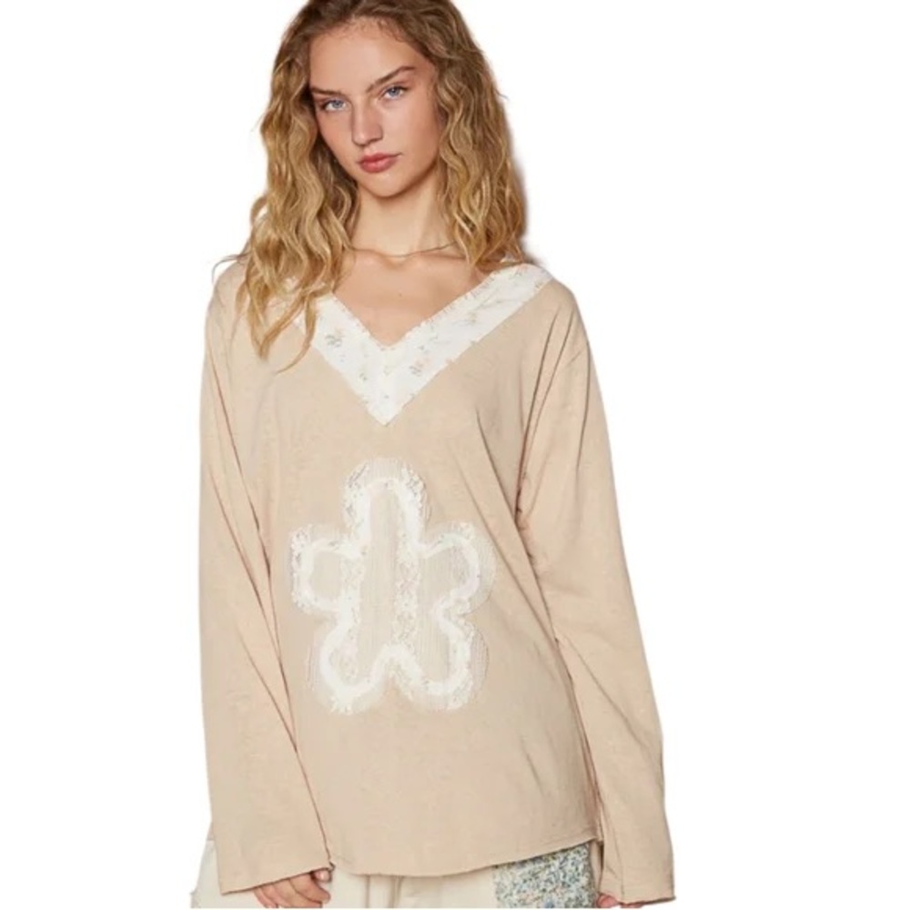 POL Cream & White Long Sleeve Top with Lace